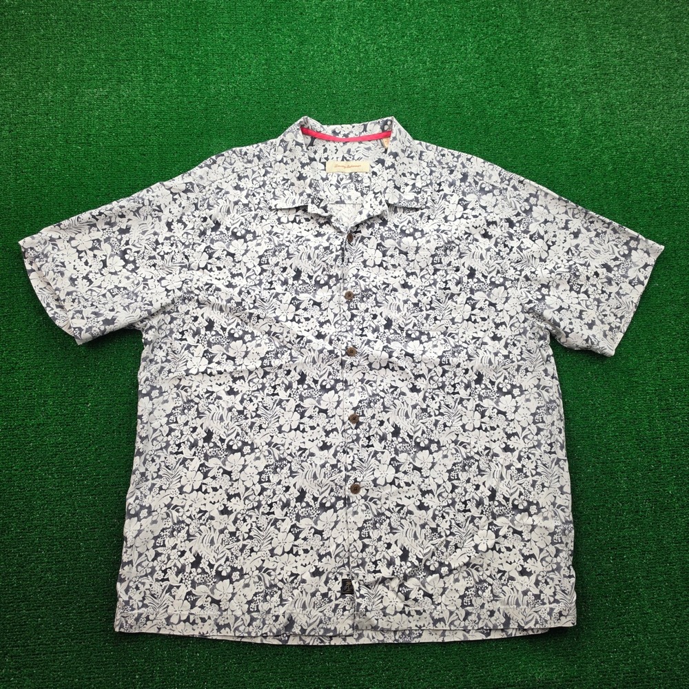Tommy‎ Bahama Shirt Mens XL White Gray Floral Burst 100% Silk Resort Beach Camp